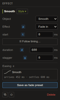 The Effect section of the Animation inspector. Its Easing field reads Smooth, arrives 452 ms, settles 600 ms.